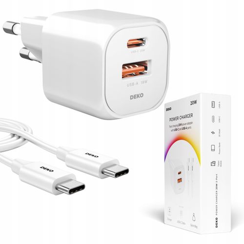 SZYBKA ŁADOWARKA USB C DO TELEFONU UNIWERSALNA 20W + KABEL USB C 100W BIAŁA na Arena.pl