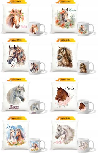 Zestaw PODUSZKA + KUBEK KONIE KOŃ IMIĘ PREZENT z napisem dedykacją imię na Arena.pl