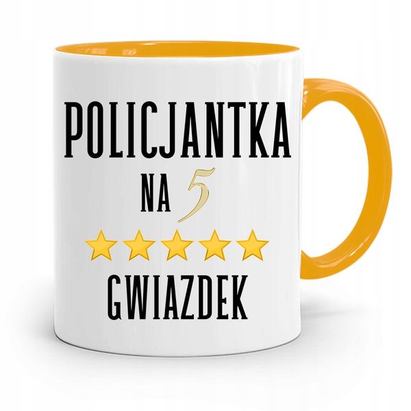 Kubek Żólty Dla Policjantki Na Pięć Gwiazdek Z Nadrukiem Ze Zdjęciem zdjęcie 1