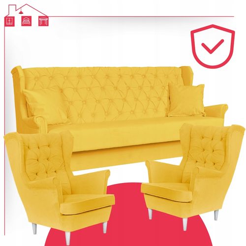 Rozkładany zestaw wypoczynkowy z wersalką fotele uszaki ŻÓŁTY na Arena.pl