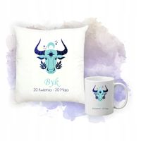 Zestaw Poduszka i Kubek z Nadrukiem Personalizowanym ZNAKIEM ZODIAKU BYK