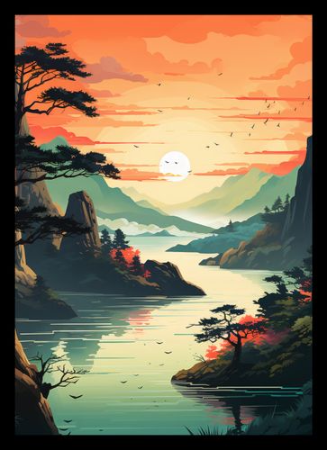 Plakat 21x29,7cm Zachodzące Słońce nad Spokojnym Jeziorem na Arena.pl