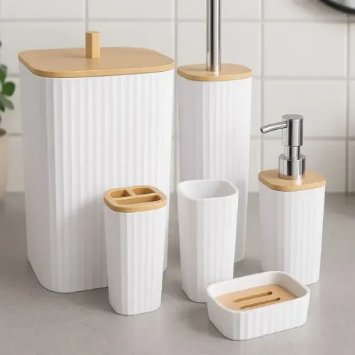 Zestaw łazienkowy szczotka do łazienki wc dozownik kosz bambus 6 elementów na Arena.pl