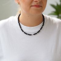 Naszyjnik - Turmalin czarne kulki, Hematyt i srebro 41 cm