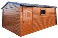 GARAŻ BLASZANY 4m x 5m poziom - dwuspad blachodachówka Brama uchylna - złoty dąb drewnopodobny  4x5