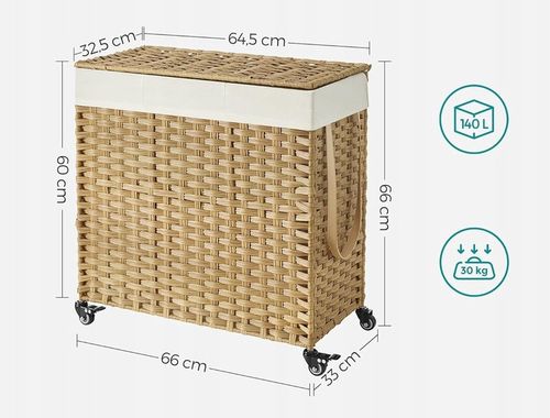 Kosz NA PRANIE pojemnik RATTAN naturalny NA KÓŁKACH 3 PRZEGRÓDKI 140L na Arena.pl