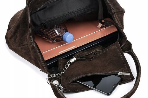 czekoladowa zamszowa torebka worek skóra naturalna SHOPPER A4 VERA PELLE na Arena.pl