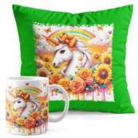 ZESTAW KUBEK + PODUSZKA ZIELONA - JEDNOROŻEC UNICORN KOŃ