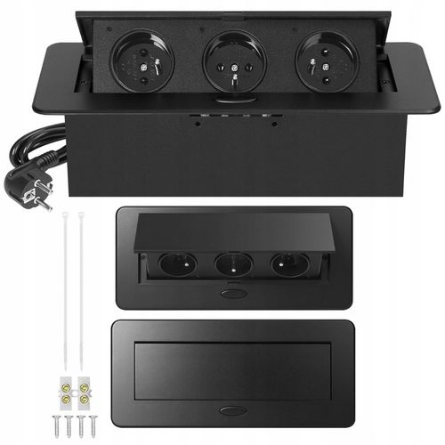 gniazdo wpuszczane chowane w blat potrójne stalowe czarne gniazdo meblowe na Arena.pl