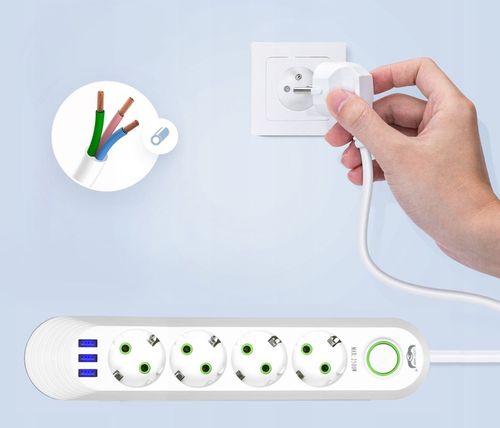 LISTWA ZASILAJĄCA ANTYPRZEPIĘCIOWA 4 GNIAZDA + 3XUSB PRZEDŁUŻACZ 3M na Arena.pl