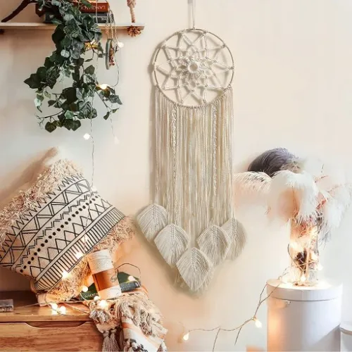 MAKRAMA NA ŚCIANĘ BOHO ŁAPACZ SNÓW OZDOBA ŚCIENNA ZE SZNURKA LIŚCIE OZDOBNE na Arena.pl