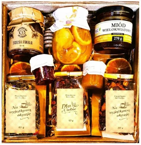 BOX ZESTAW KOSZ PREZENTOWY PREZENT HERBATA KONFITURY MIÓD CYTRYNA na Arena.pl