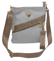 Laura Biaggi – torebka listonoszka zamek brelok biały groszek A359