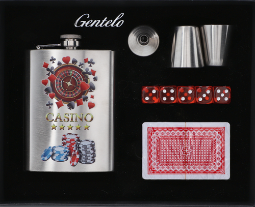 Piersiówka + Kieliszki + Lejek + Karty + Kości do Gry dla Miłośnika Kasyna na Arena.pl