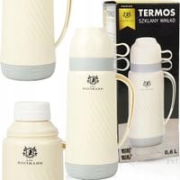 TERMOS ZE SZKLANYM WKŁADEM 0,6L BEŻOWY SZCZELNY NA KAWĘ HERBATĘ DWA KUBKI