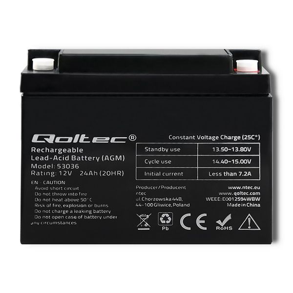 Qoltec Akumulator AGM  | 12V | 24Ah | max 360A zdjęcie 2