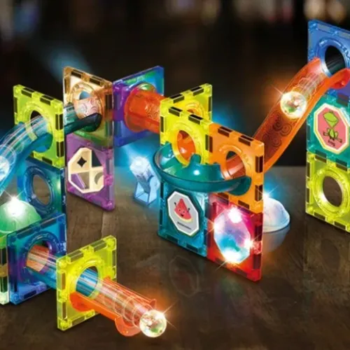 DUŻE KLOCKI MAGNETYCZNE KONSTRUKCYJNE ŚWIECĄCY TOR KULKOWY 75 ELEMENTÓW na Arena.pl