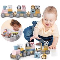 VIGA PolarB Drewniana Kolejka z Wagonikami i Zwierzątkami Do Układania Montessori