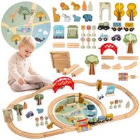 Drewniana kolejka Mamabrum Zoo z torami, puzzlami, zwierzętami i mostem