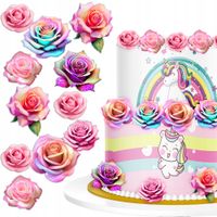 Waflowe Tęczowe KWIATKI RÓŻE na tort, jadalna OZDOBA DEKORACJA - 32 szt