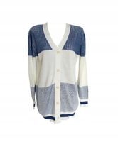 Wygodny Midi Dłuższy Sweter Kardigan W Paski Na Guziki Granatowy L XL 40 42