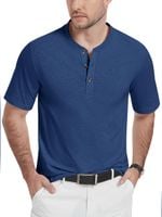 Koszulka Męska Henley Bawełniana Polo Bez Kołnierzyka Niebieska Rozmiar M