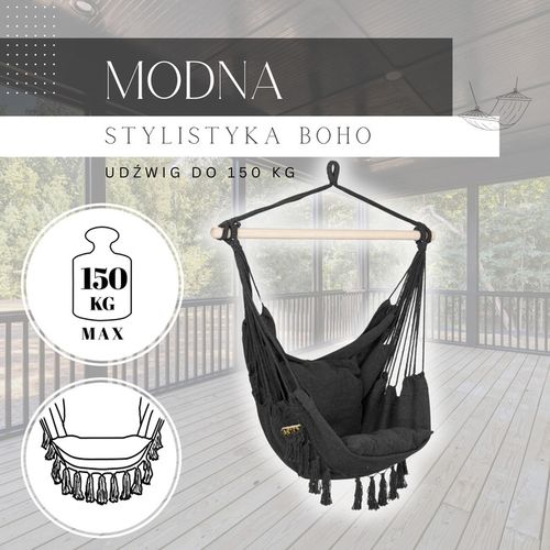 Hamak brazylijski z poduszkami fotel wiszący krzesło boho ciemnoszare na Arena.pl