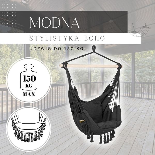 Hamak brazylijski z poduszkami fotel wiszący krzesło boho ciemnoszare zdjęcie 2