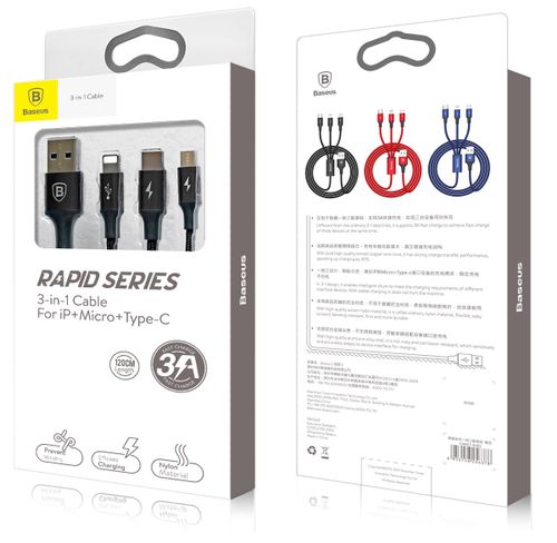 Kabel USB Micro lightning Type-C 3w1 Baseus Rapid czarny na Arena.pl