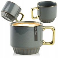 CERAMICZNY KUBEK NA KAWĘ HERBATĘ GRANATOWY ZDOBIONY ZE ZŁOTYM UCHEM 320ML