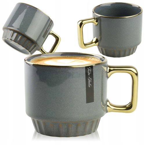 CERAMICZNY KUBEK NA KAWĘ HERBATĘ GRANATOWY ZDOBIONY ZE ZŁOTYM UCHEM 320ML na Arena.pl