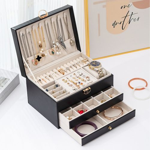 SZKATUŁKA NA BIŻUTERIE Z SZUFLADKAMI CZARNA ORGANIZER TRZY POZIOMY na Arena.pl