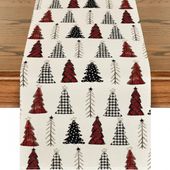 lniany bieżnik na stół bożonarodzeniowy, czerwone choinki 180 x 33cm bzk08