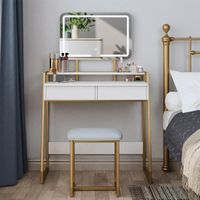 Nowoczesna toaletka z lustrem i taboretem biało złota szuflady półki