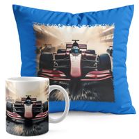 ZESTAW KUBEK + PODUSZKA NIEBIESKA - BOLID F1 WYŚCIGI SPORT