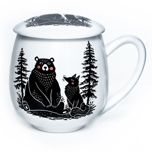 Idealny kubek porcelanowy z zaparzaczem oraz pokrywką miś i lis do naparu zdjęcie 3