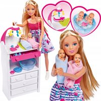 DUŻY ZESTAW LALKA STEFFI W CIĄŻY 2 BOBASY BLIŹNIAKI + KOMODA WANIENKA AKC.