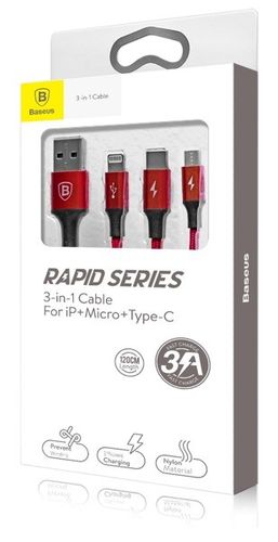 Kabel USB Baseus Rapid 3w1 Typ C / Lightning / Micro 3A 1,2M - czerwony na Arena.pl