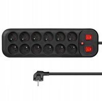 Listwa Zasilająca Przedłużacz dwurzędowy 12 gniazd 2 włączniki czarny 1,8 m
