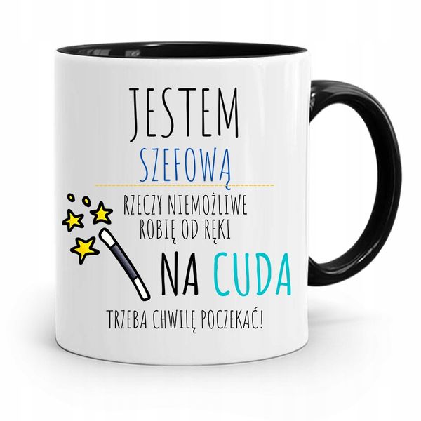 Kubek Czarny Dla Szefowej Na Cuda Trzeba Poczekać Z Nadrukiem Ze Zdjęciem zdjęcie 1
