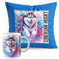 ZESTAW KUBEK + PODUSZKA NIEBIESKA - PIES PSY PIESEK RASA HUSKY SYBERYJSKI