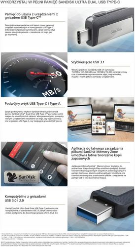 Pendrive pamięć SanDisk 256GB Ultra Dual Drive do telefonu USB i USB-C na Arena.pl