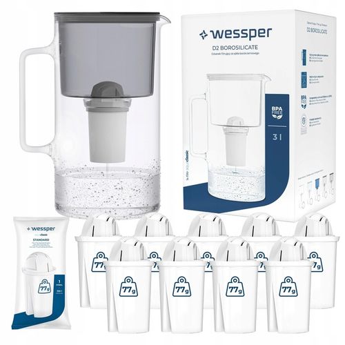 Dzbanek filtrujący szklany Wessper 3l Czarny + 10x Filtr aquaclassic na Arena.pl