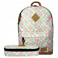 Zestaw plecak szkolny młodzieżowy szachownica kwiatki pastel miętowy kratka