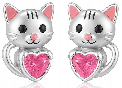 Kolczyki Srebrne Dla Dziewczynki Rodowane Kotki Srebro 925 Sztyfty Serce na Arena.pl