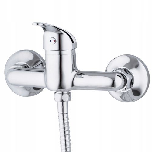 Bateria prysznicowa srebrna ścienna jednouchwytowa ze słuchawką i wężem na Arena.pl