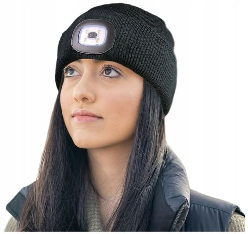 Czapka Zimowa z Latarką Lampką Czołową LED Ładowanie USB Ciepła Czarna na Arena.pl
