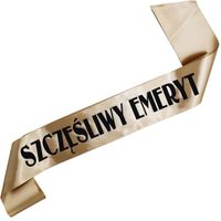 Szczęśliwy Emeryt - starozłota szarfa z czarnym nadrukiem