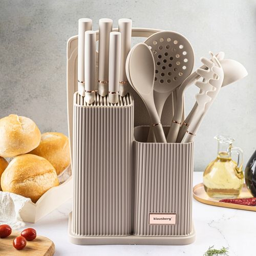 Komplet 5 Noży + Zestaw 5 przyborów kuchennych + deska do krojenia + Stojak na Arena.pl