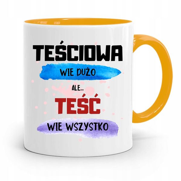 Kubek Żółty Dla Teścia Teść Wie Wszystko Prezent Z Nadrukiem Ze Zdjęciem zdjęcie 1